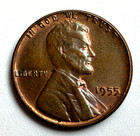 1955 LINCOLN WHEAT CENT AU++ - LARGE OBV DIE BREAK ON FOREHEAD - FREE SHIPPING! — photo 1