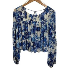 Free People Up For Anything Floral Top Boho Sheer Size XS Ballon Cottage Blue