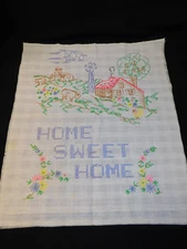 Vintage Embroidered Cross Stitched SAMPLER HOME SWEET HOME Farmhouse Chic 18x20