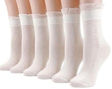 6 Pairs White Ruffle Socks For Women, Cute Frilly Sheer Lace Socks  Thin,