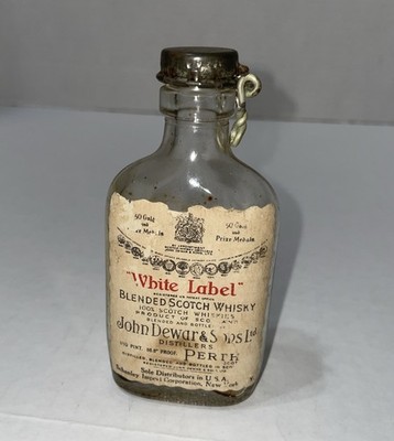 Vintage White Label John Dewars & Sons Scotch Whiskey Mini Bottle w Metal Lid