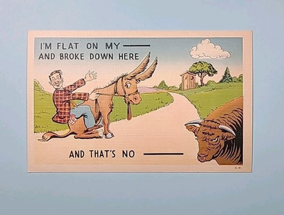#ad #ad Unused Vintage Cartoon Themed Postcard Donkey amp; Bull I#x27;m Flat On My.... $3.95