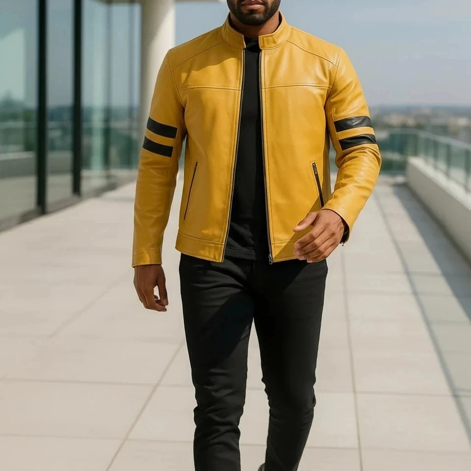 Men's Yellow Leather Jacket Genuine Lambskin Motorcycle Biker Jacket Black Strip - Image 2 of 4