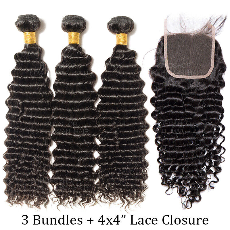 3 Bundles Unprocessed Virgin Human Hair 100G Closure Weave Weft Deep Wave Curly Nowa wysoka jakość