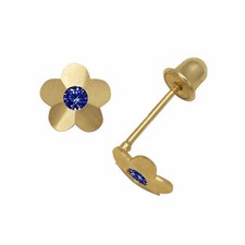 Baby Girl Blue Sapphire Flower Stud Earrings Screw Back 14K Yellow Gold