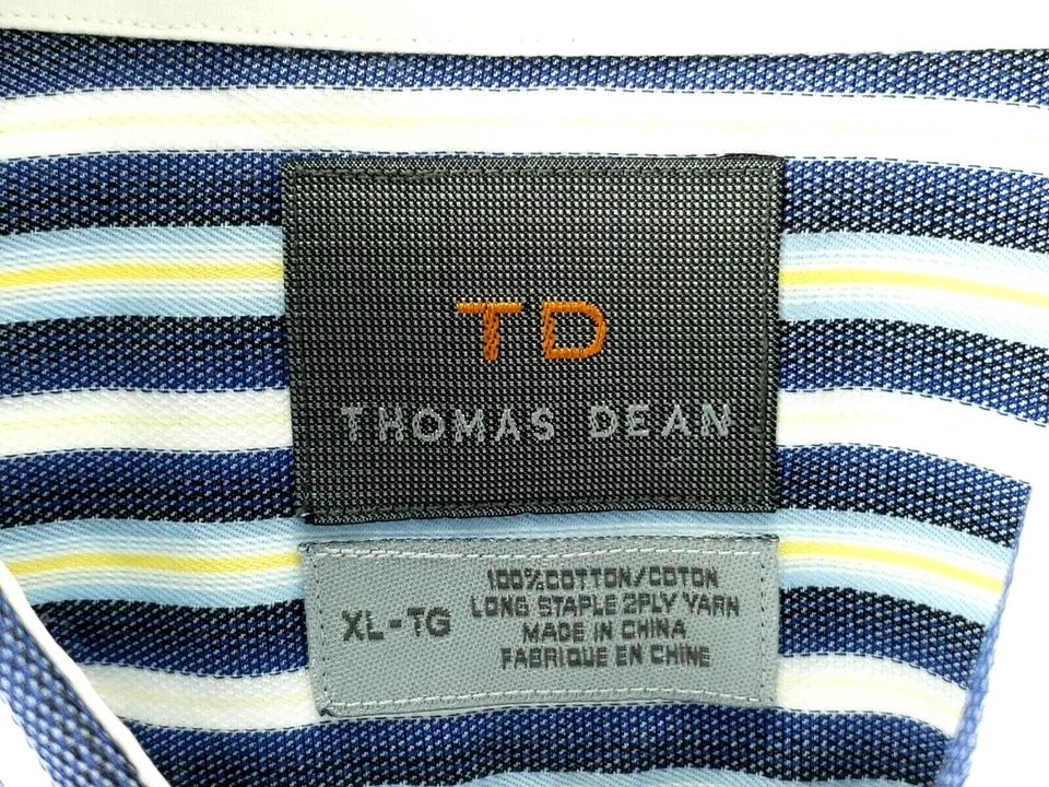 Thomas Dean Men's Shirt Size XL L/S Button 100% Cotton White/Blue/Yellow Striped - Image 4 of 4