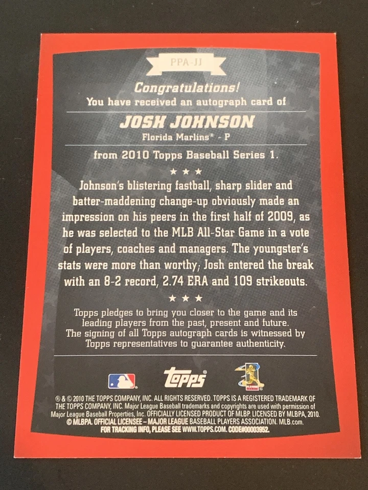 2010 Topps Peak Performance Autographs Josh Johnson #JJ Miami/Florida Marlins - Image 2 of 2