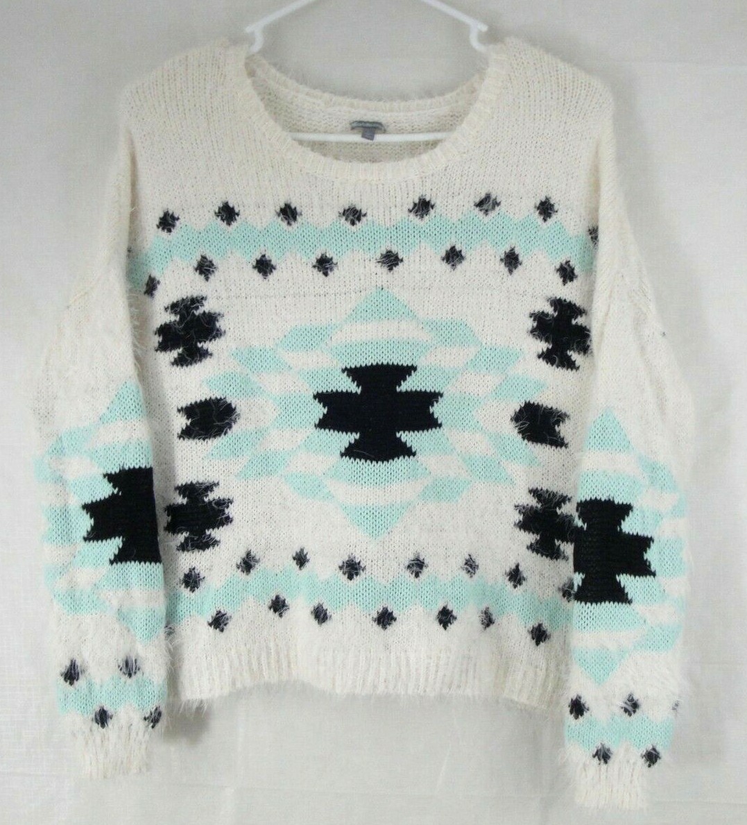 Womens Aztec Sweater Large Fuzzy White 