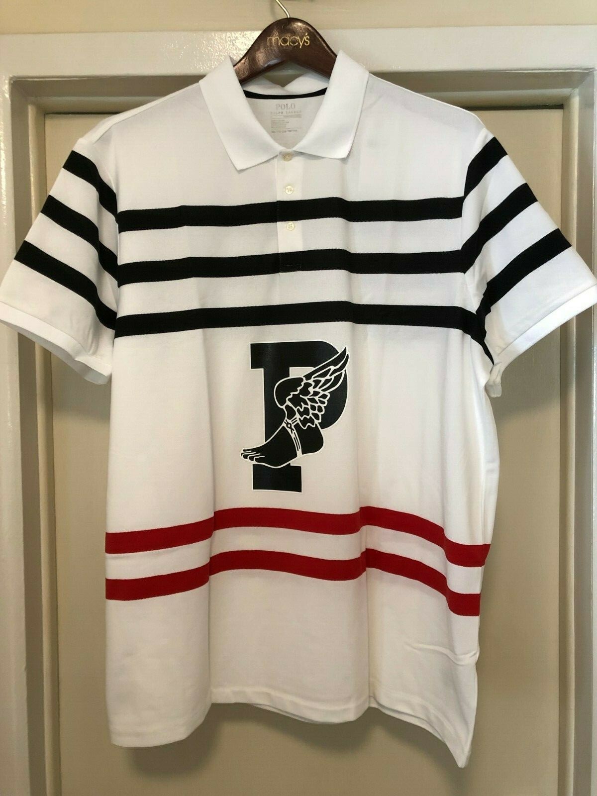 XXL POLO RALPH LAUREN BIG PWING PATCH RUGBY STRIPE RED BLACK WHITE POLO SHIRT