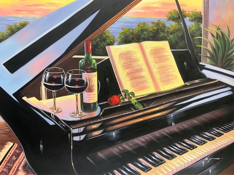 UNSTRETCHED oil on canvas piano with red wine and rose 36 x 48”