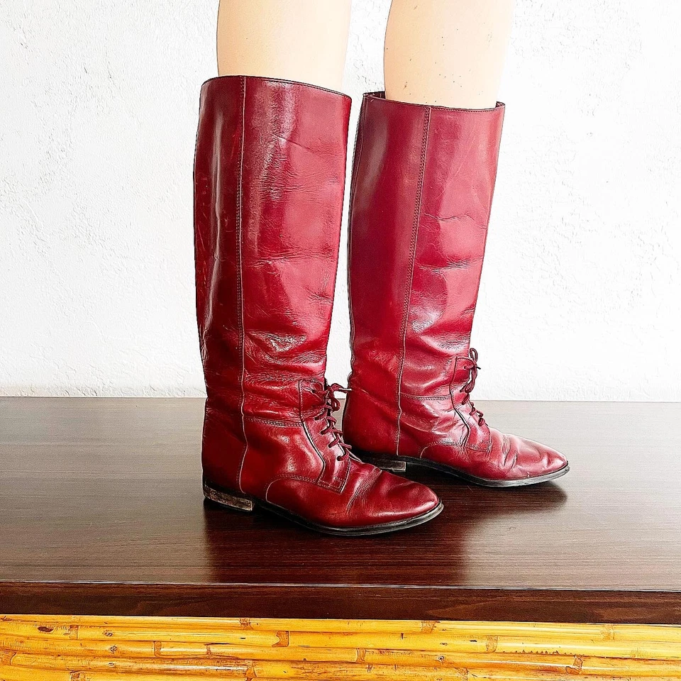 Botas de montar italianas hasta la rodilla de cuero de vino vintage MARC ALPERT de los años 80 personalizadas 6M Foto 2 de 4