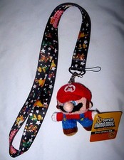 Super Mario Brothers Mario Friends Black Lanyard with 3" Mario Plush Charm-New 