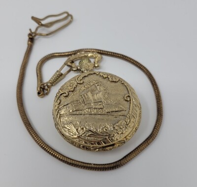 Vintage  Railroad Pocket Watch  NETEC Locomotive Front Gold Tone Sold As Is 