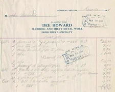 U.S. Dee Howard Roseburg Oregon 1909 Plumbing+Metal Works Paid Invoice Ref 42781
