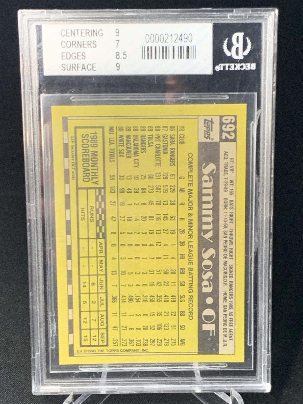 Error Card 1990 Topps Baseball Card #692 Sammy Sosa White Sox- DOB ERROR Rookie view 2