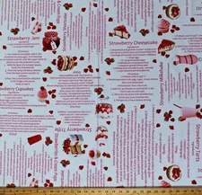 Cotton Strawberry Fields Desserts Food White Fabric Print by Yard D566.04