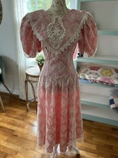 Vtg Pink Prairie Dress Lace 70's Gunne Sax style Sz S/M Victorian Prairie