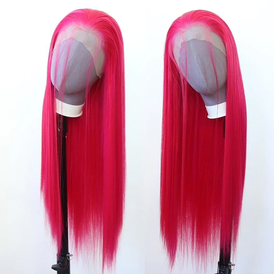 Peluca larga recta rosa caliente cabello sintético encaje frontal natural como cabello humano fiesta Foto 2 de 4