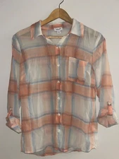 SPLENDID Sheer Plaid Button Front Long Sleeve Shirt Blouse Peach Multi XS