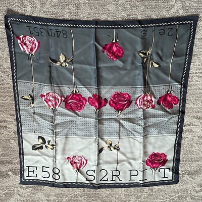 Vintage Esprit Silk Scarf Floral Roses Womens Square 27'' x 27'' Grey Pink