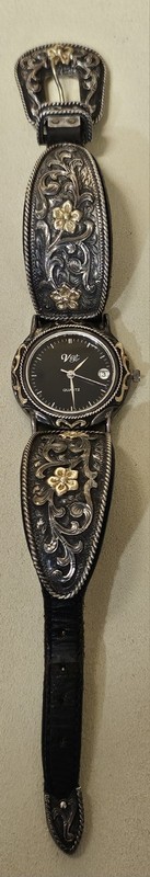 Vintage Vogt Mexico Sterling Silver 14k Gold Accent Leather Watch. Working
