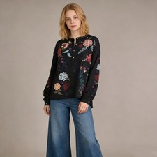 NWOT Johnny Was Silk Floral Embroidered Long Sleeves Shirt Blouse Black Size S