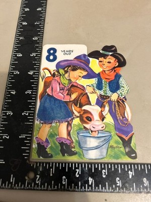 Vtg Unused Birthday Greeting Card Cute Cowboy & His Cowgirl Feeding Calf Signed