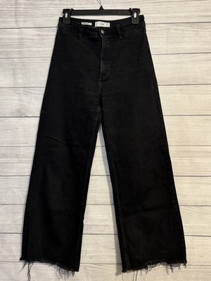 MNG Denim Women's Catherine High Rise Wide Leg Jeans Size 4 Black Raw Hem