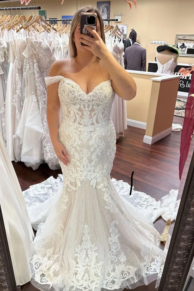 Vestidos de novia de sirena fuera del hombro apliques de encaje tren de barrido vestidos de novia Foto 2 de 4