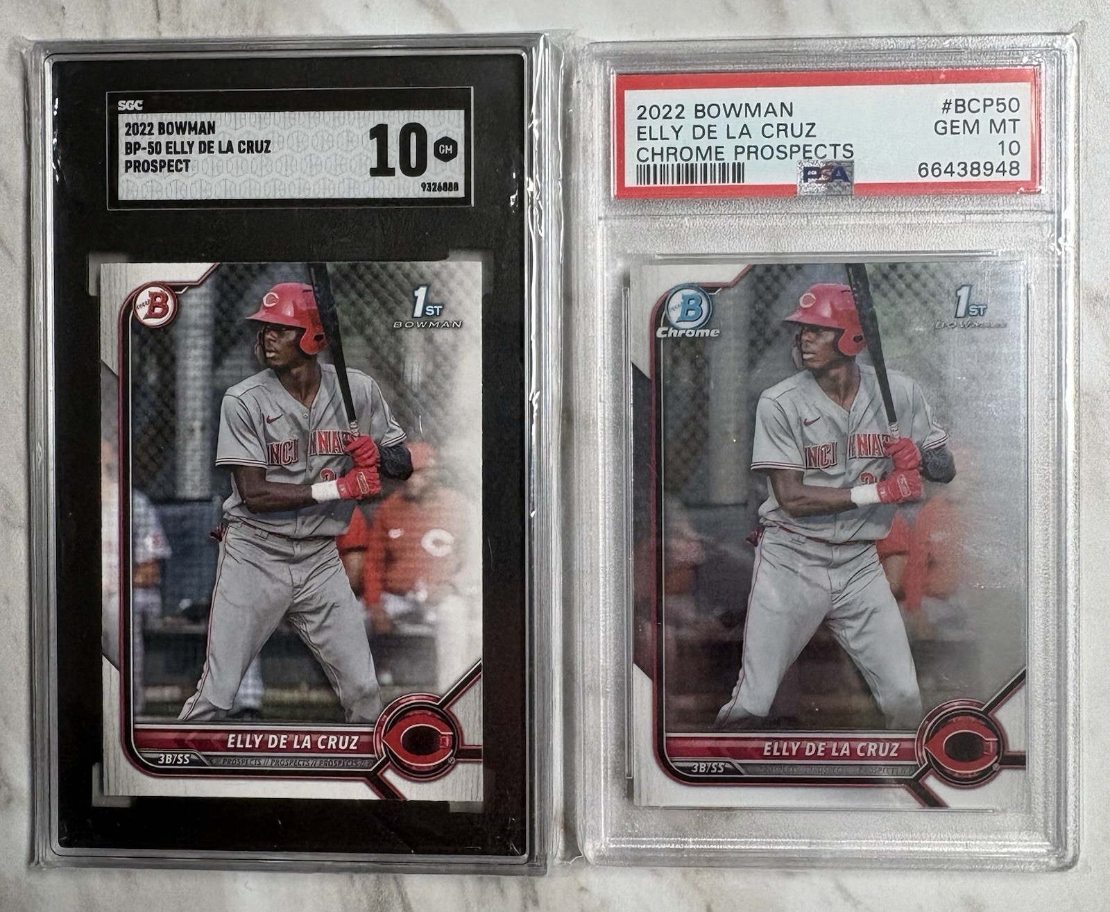 2) 2022 ELLY DE LA CRUZ BOWMAN PROSPECTS / PAPER SGC 10 / CHROME PSA 10 GEM MINT view 3
