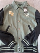 True Religion Men's Varsity Jacket Large Collared Patch Fleece Green Black NWT