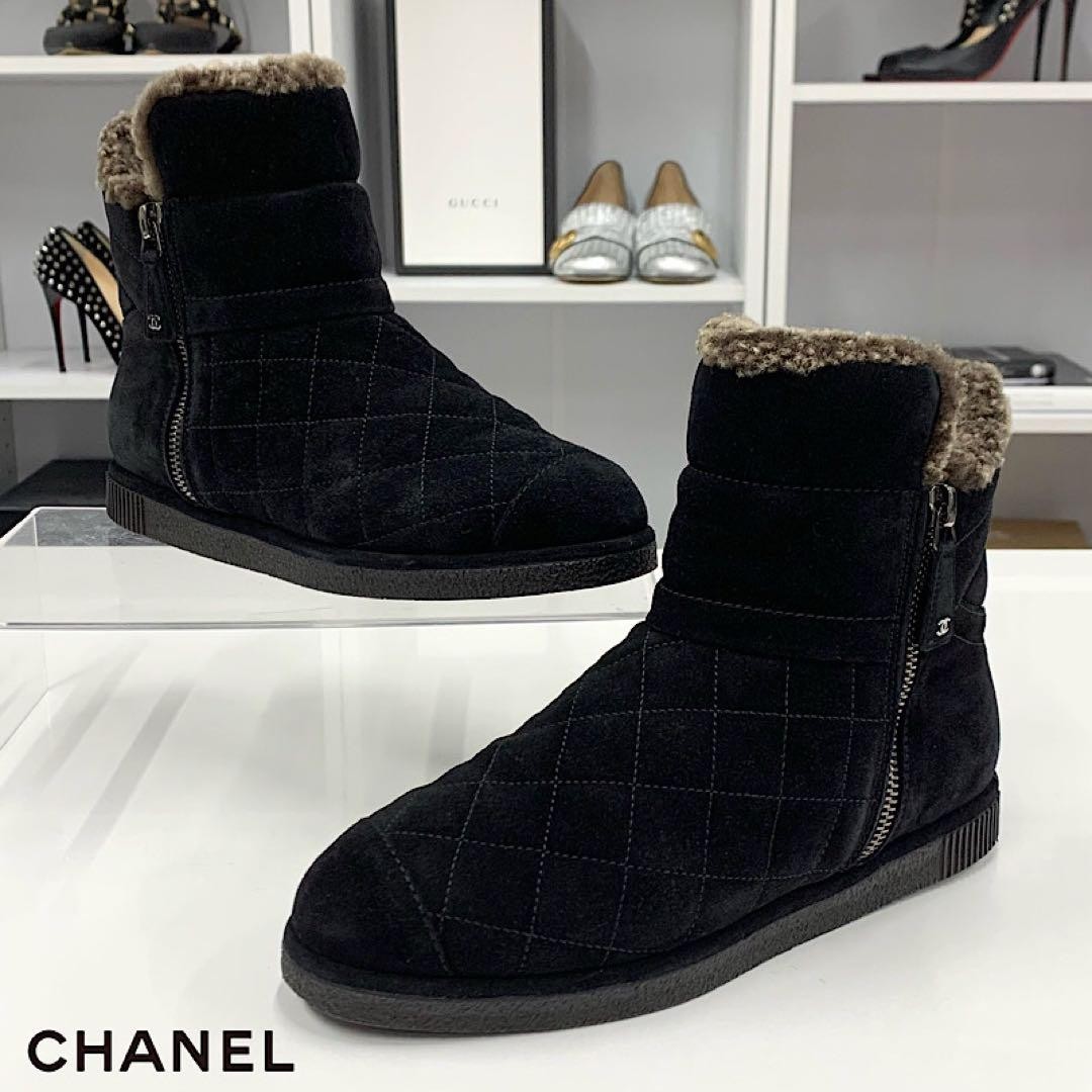 CHANEL Suede Matelasse Boots Shoes Women Size 36 COCO MARK Black