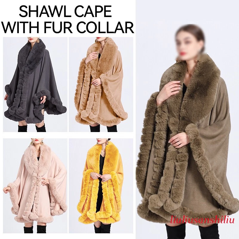 Imitation Faux Fur Collar Shawl Oversized Knitted Cardigan Cloak Wrap Bat Sleeve