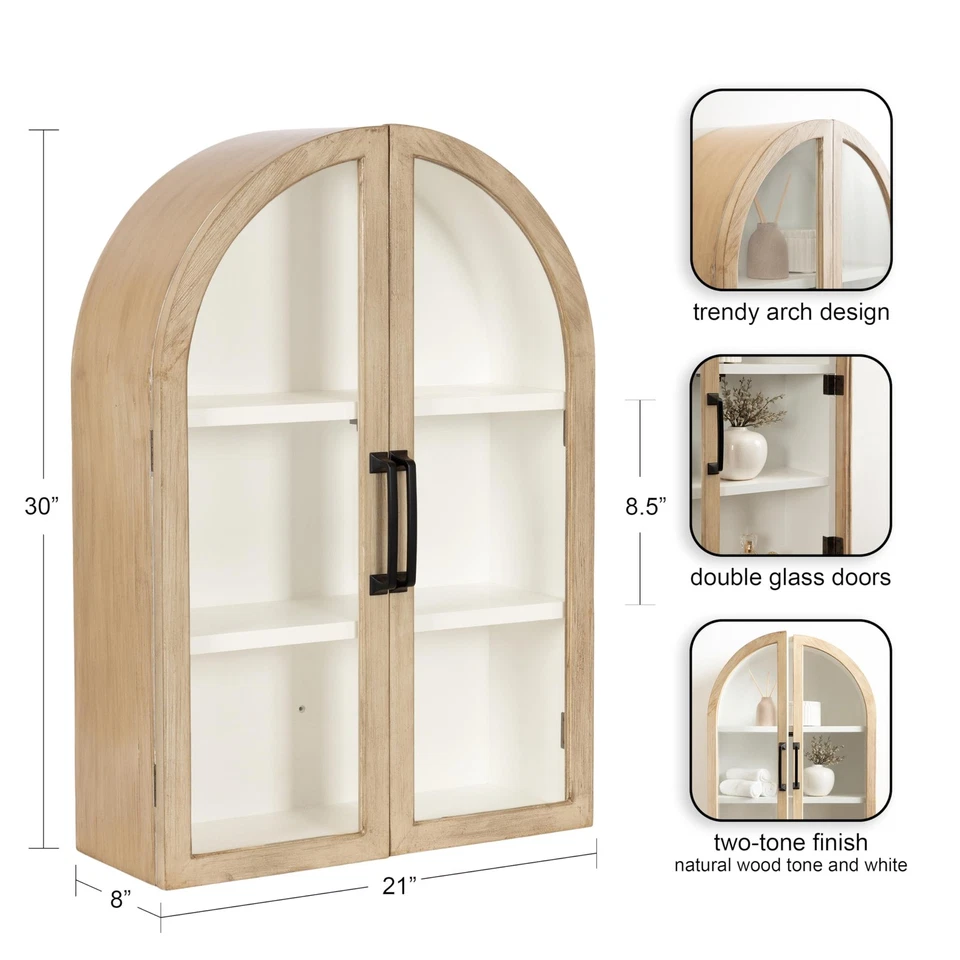 Arcott Modern Arch Wall Cabinet, 21 x 8 x 30, Natural Wood and White, Transit... - Image 2 of 4