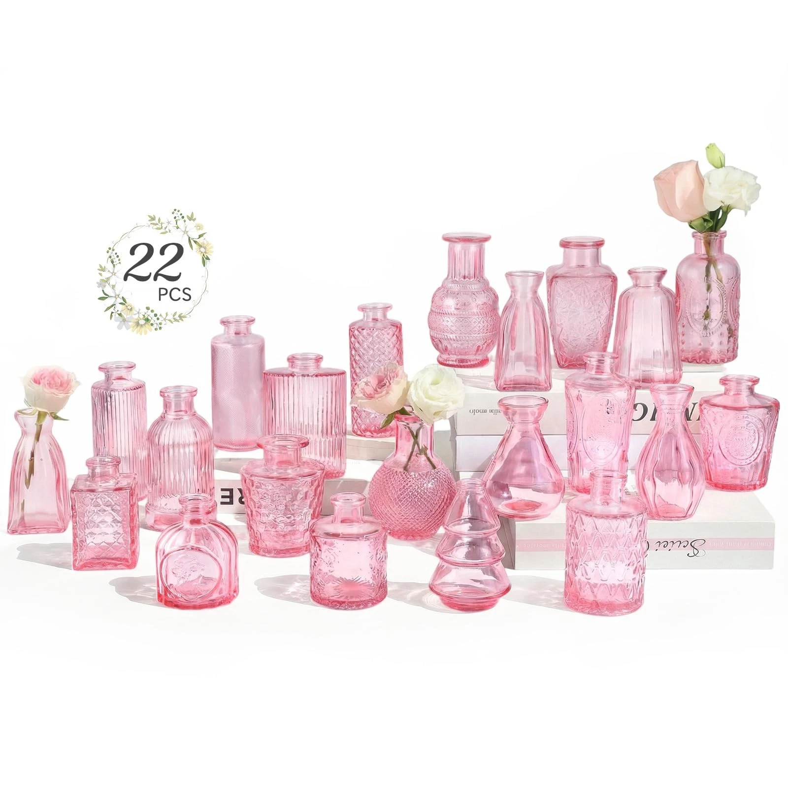 22 Pack Pink Small Vases Glass Mini Bud Vase in Bulk Vintage Pink Flower Vase...