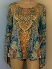 STYLE & CO M Blue Gold Floral Paisley Gold Stud Embellished KNIT TOP Long Sleeve
