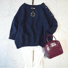 Ichi Shetland Wool Shoulder Button Knit Navy ...