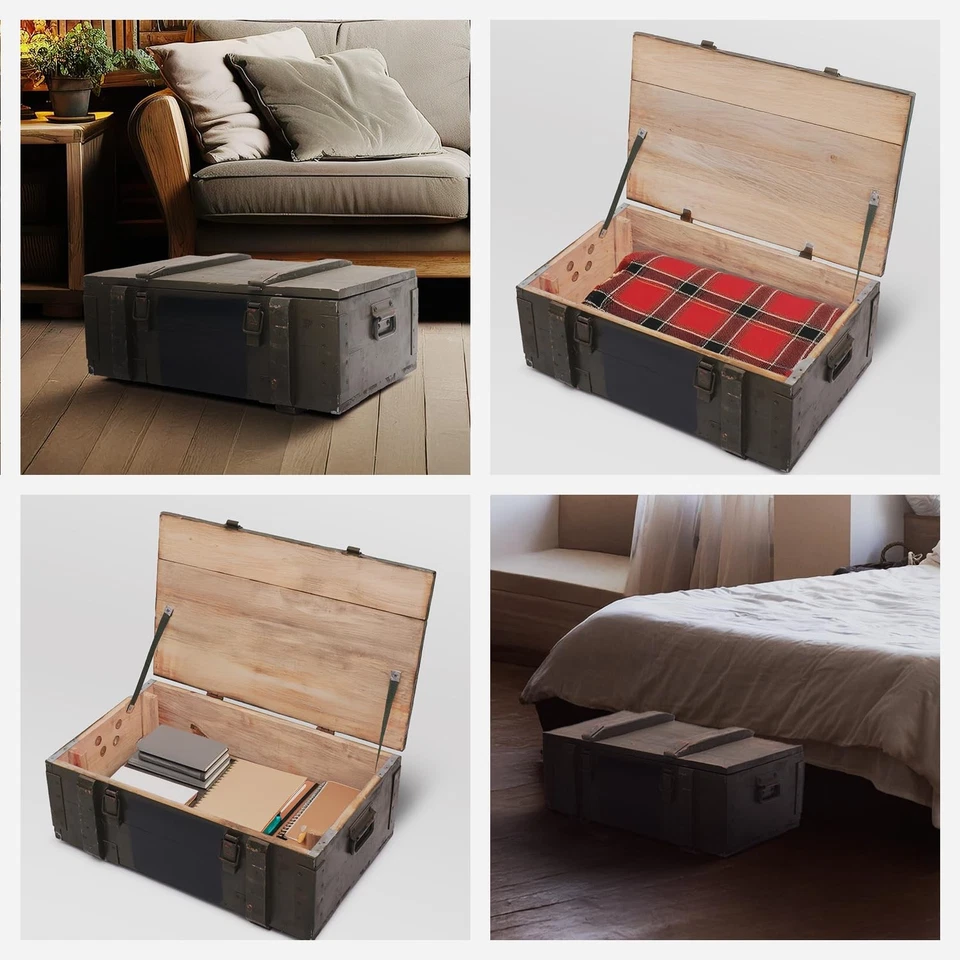 Armario militar OWLHAUS - Baúl de madera estilo vintage rústico del ejército, taburete 30 Foto 4 de 4