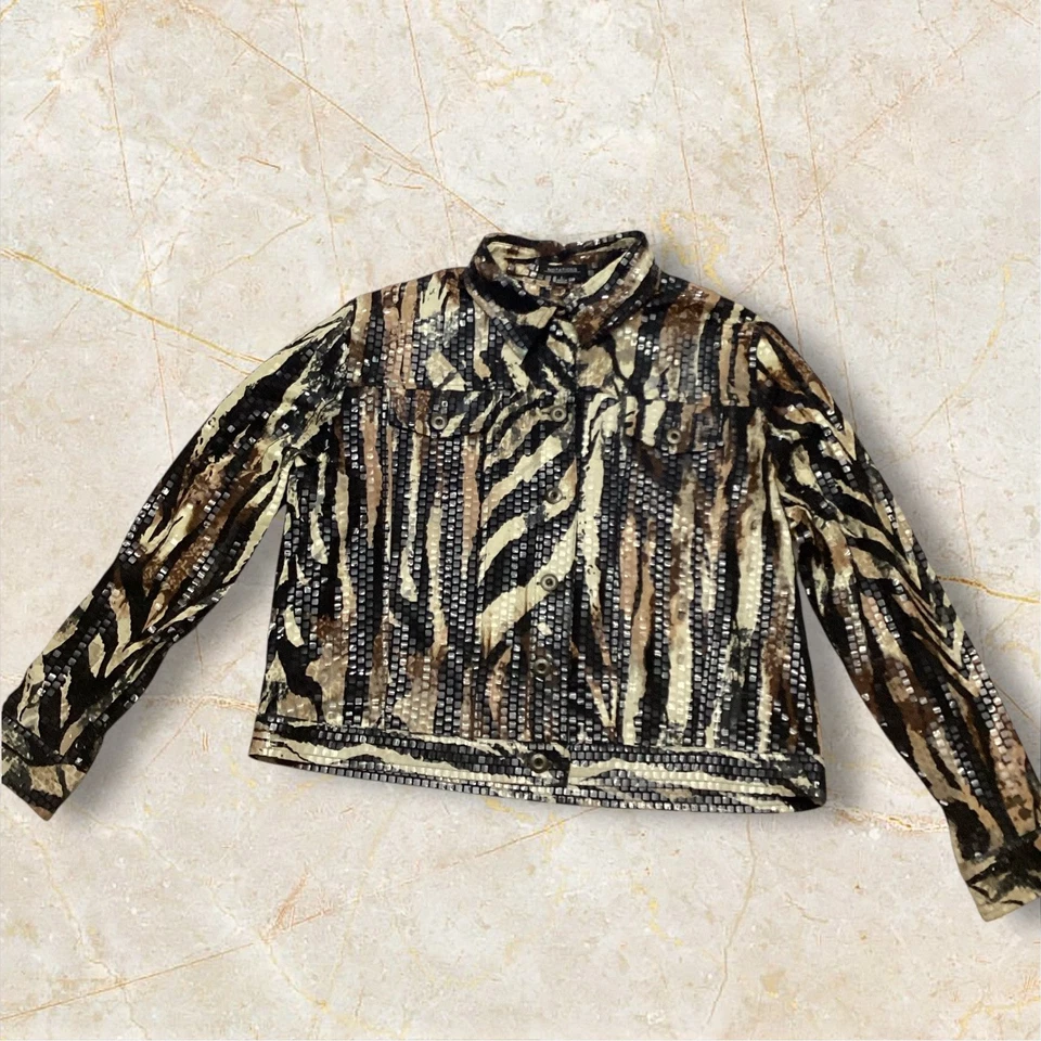 NOTATIONS Womens Jacket L Animal Sequin Embellished Long Sleeve Button Front - Image 2 of 4