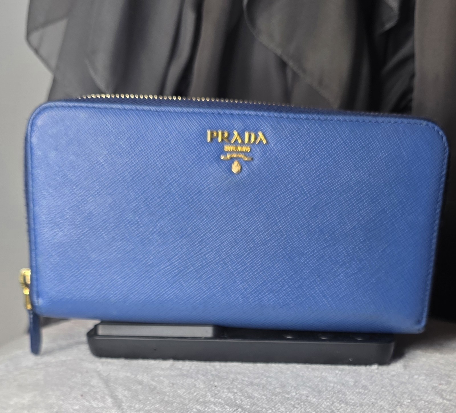 Authentic Prada Saffiano Leather Zip Around Wallet Blue