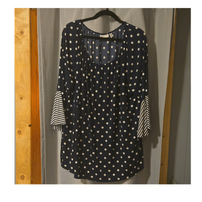 Susan Graver Women's Plus 2X Navy Polka Dot Scoop Neck 3/4 Tunic Blouse