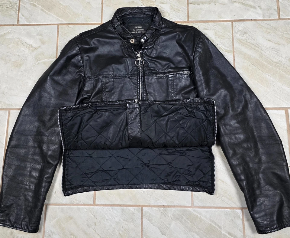 Vtg 60's Sears "The Men's Store" Leather Motorcycle Jacket Black Slash Pocket 40 - Image 2 of 4