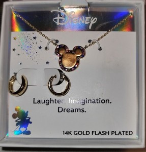 Dysney Micky Mouse Gold Plated Necklace And Earrings In Box