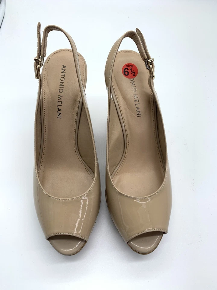 Sandalias de cuña Antonio Melani Rosie de charol desnudo punta abierta corcho 6,5 M BNS1 Foto 3 de 4