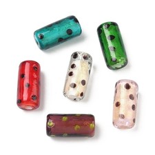 20pcs Handmade Gold Sand Lampwork Beads, Column Beads with Polka Dot Mixed Color