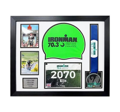 Ironman 70.3 Frame Triathlon Medal Swim Cap Bib Display Swim Bike Run Box