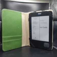 Kobo N416 Black 6 Inch E Ink eBook eReader + Green Leather 𝘊𝘢𝘴𝘦 Used Tested