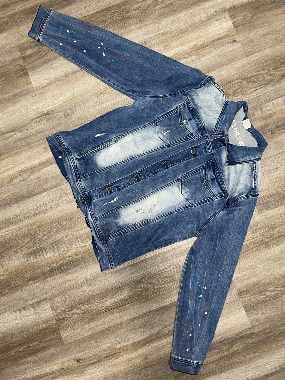 Kilogram Mens Size 2XL Distressed Denim Jacket Paint Splatter Acid Wash Stretch