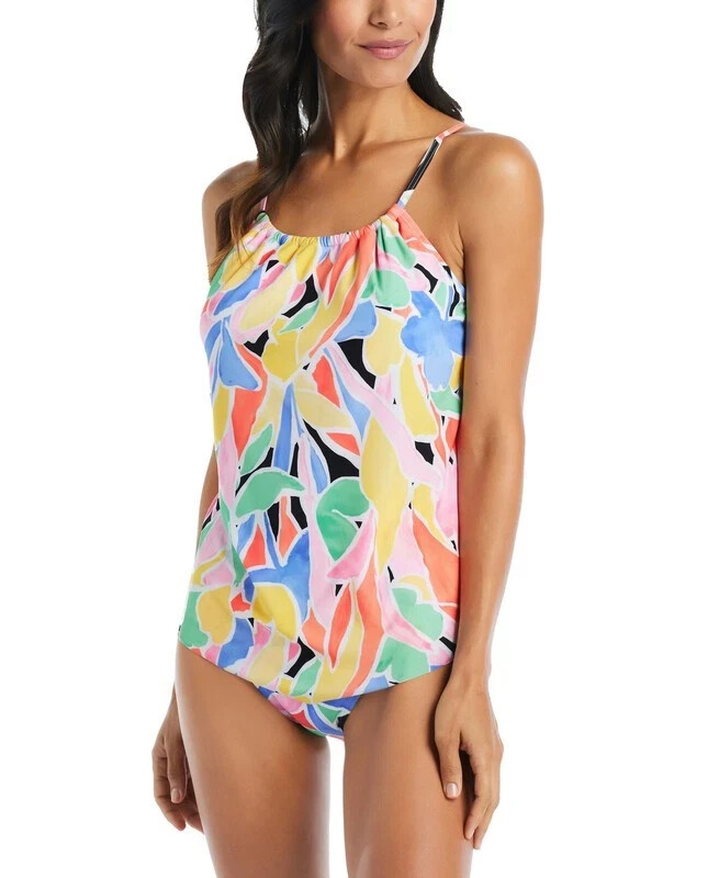 Beyond Control Women's Palm Beach High-Neck Tankini Top (White Multi, 16)