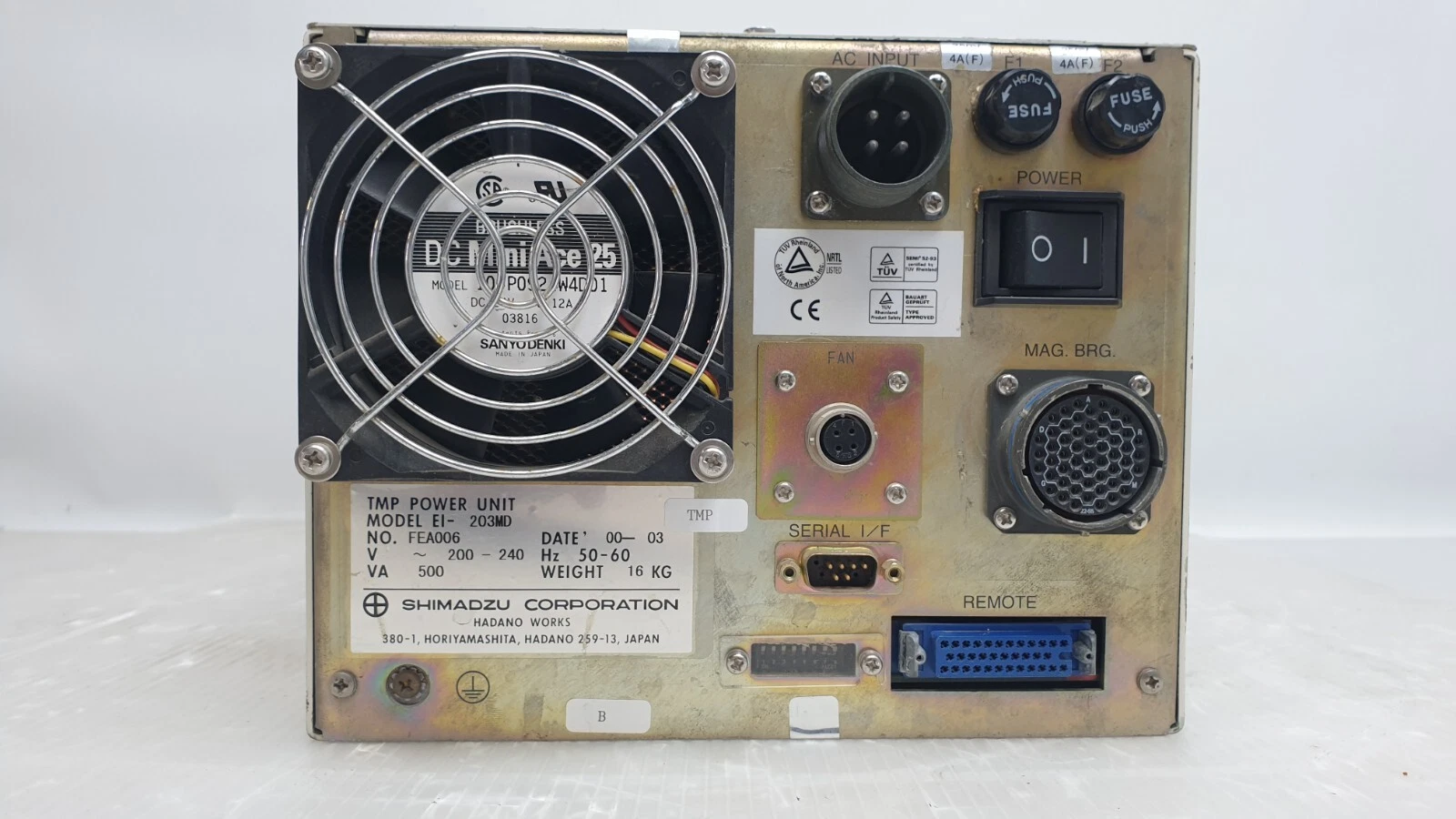 Rear of the EI-203MD: label, AC input, fuses, MAG. BRG., serial and remote connectors